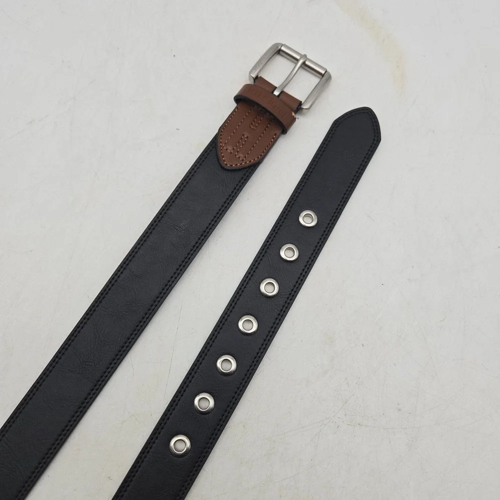 Tommy Hilfiger Belt Black Brown Leather Mens 38 Nickel Buckle NWOT